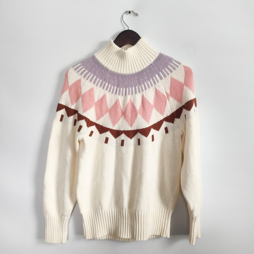 Free Assembly Sweater Womens Large Mock Neck Fair Isle Argyle Cotton Wool Cream